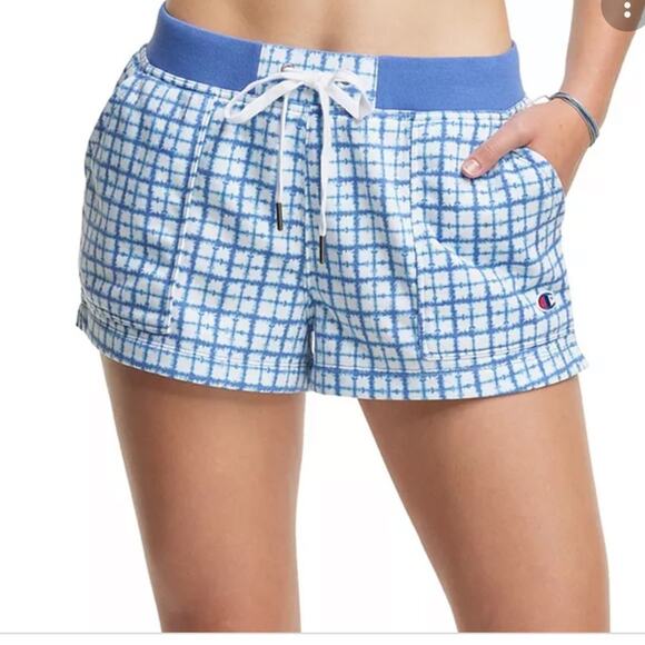 Champion Shorts NWT Sweat-shorts Blue/White Check. Pockets Athleisure Womens XL - Picture 1 of 4